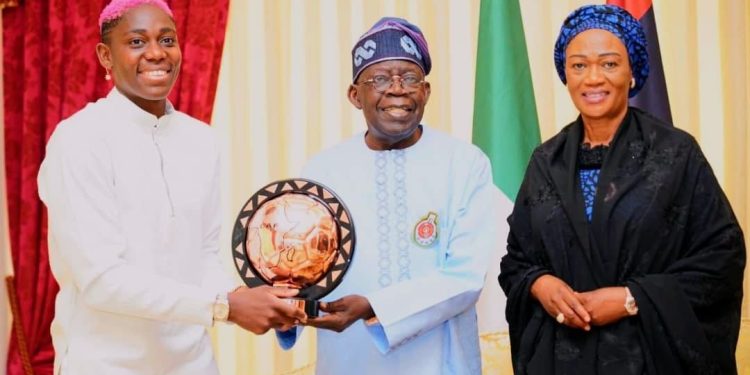 President Tinubu Salutes Excellence Of Nigerian Women As He Hosts Super Falcons Star Asisat Oshoala
