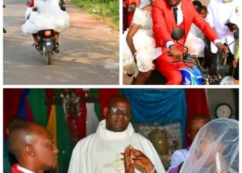 Benue bride and groom arrive church in motorcycle