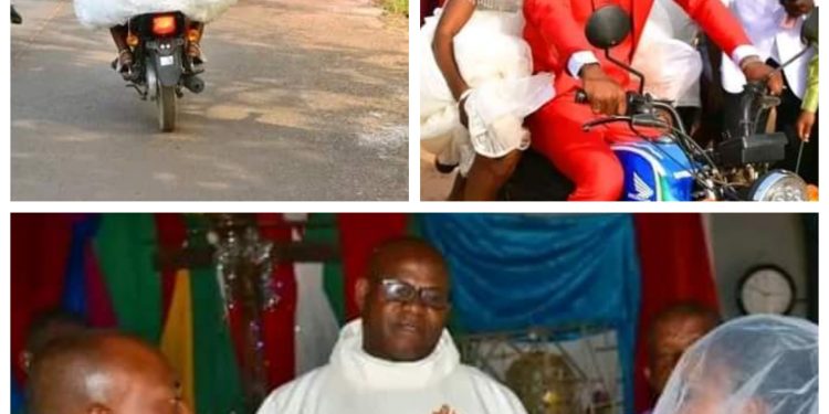 Benue bride and groom arrive church in motorcycle
