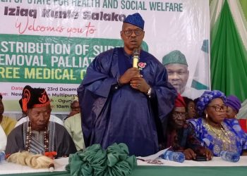 Photo Caption: The Minister of State for Health and Social Welfare, Dr. Iziaq Kunle Salako-, during the handing over of subsidy removal palliatives and free medical services held at Ayetoro, in Yewa North Local Government Area of Ogun State.