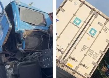 20-ft container falls and crushes two dispatch riders to death as Mack trucks collide on Eko Bridge