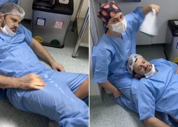 Moment father faints in the delivery room while watching his wife in labour (Video)