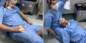 Moment father faints in the delivery room while watching his wife in labour (Video)